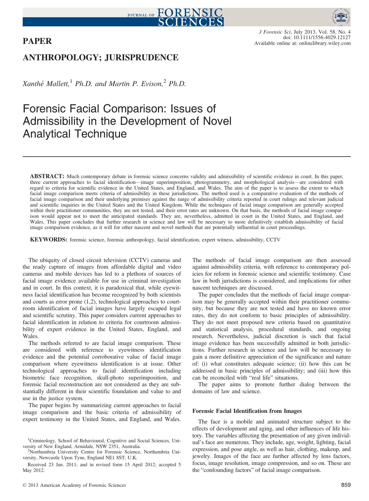 Forensic Facial Comparison: Issues of Admissibility in the Development of Novel Analytical Technique by Unknown