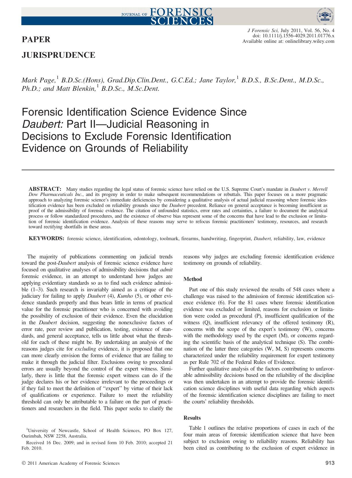 Forensic Identification Science Evidence Since Daubert: Part IIJudicial Reasoning in Decisions to Exclude Forensic Identification Evidence on Grounds of Reliability by Unknown