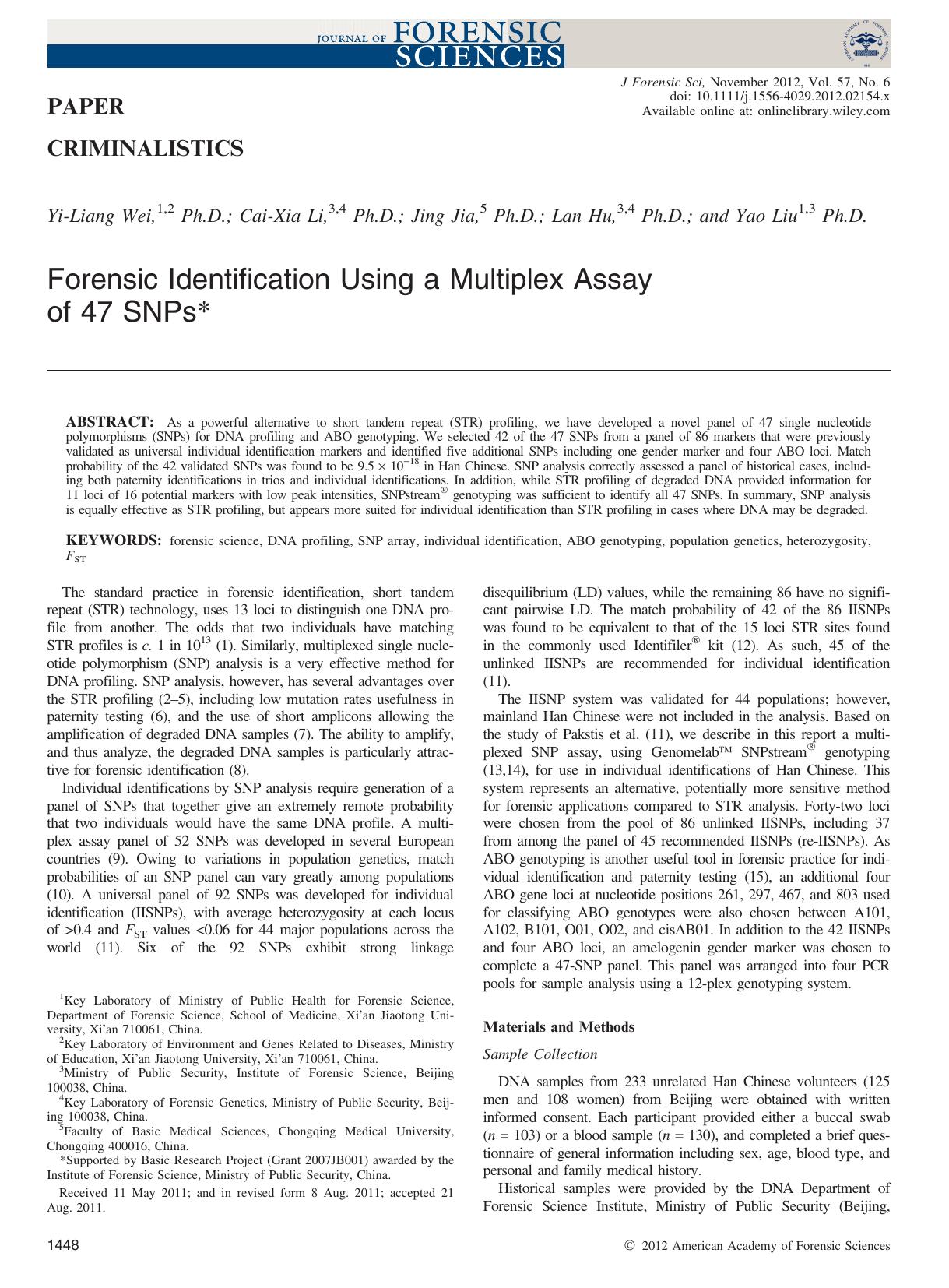 Forensic Identification Using a Multiplex Assay of 47 SNPs* by Unknown