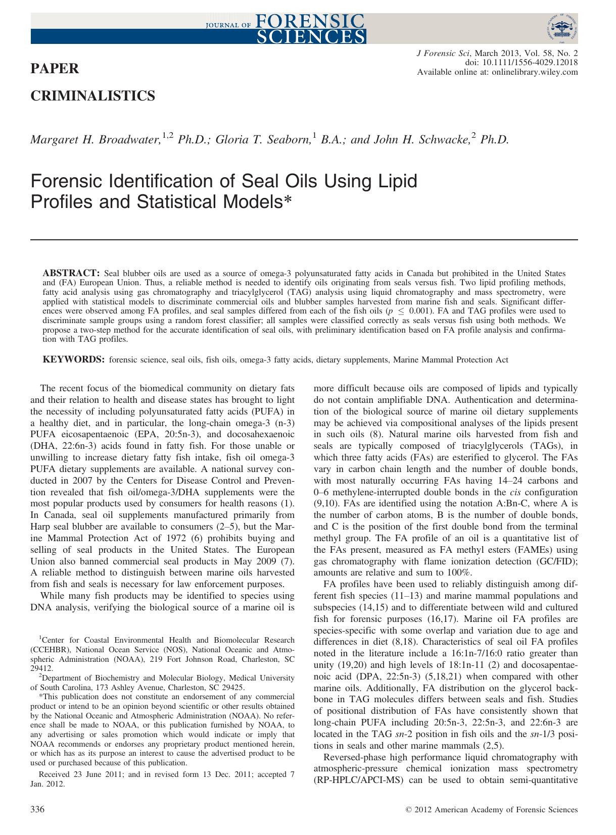 Forensic Identification of Seal Oils Using Lipid Profiles and Statistical Models by Unknown