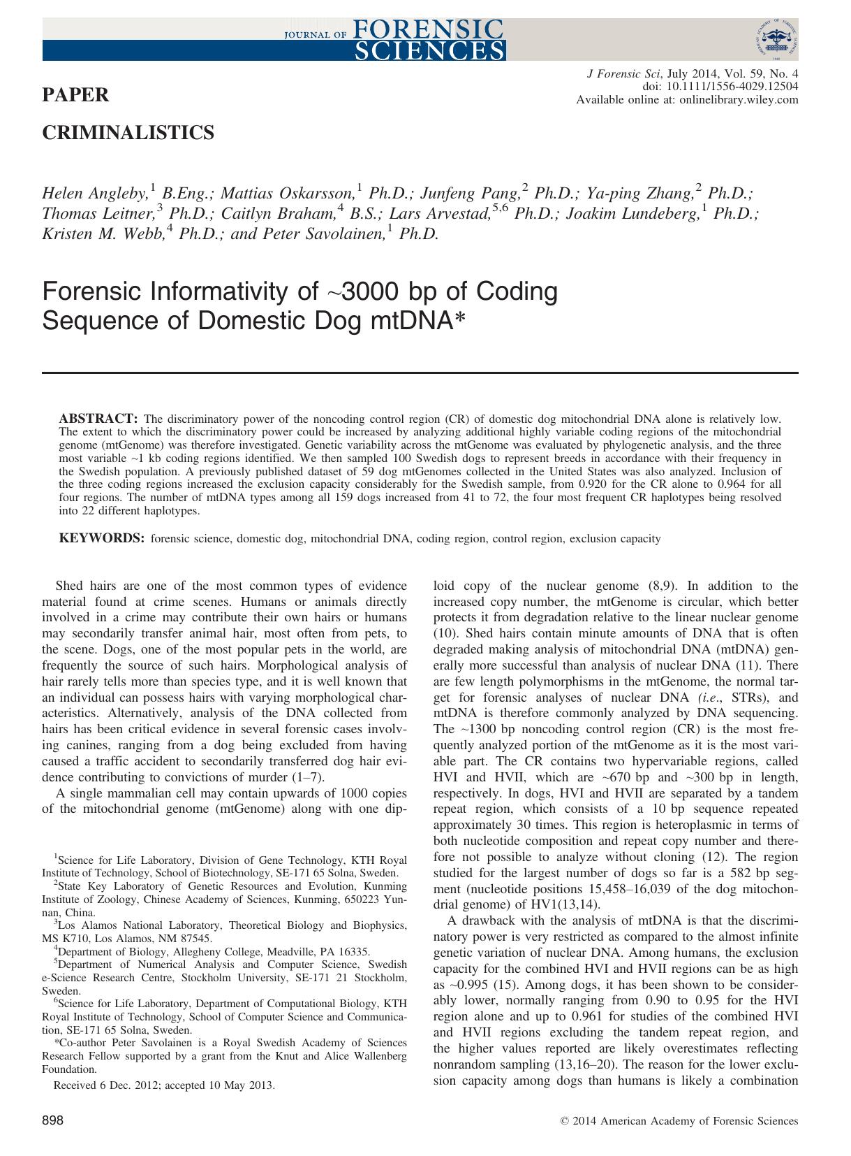 Forensic Informativity of 3000bp of Coding Sequence of Domestic Dog mtDNA by Unknown