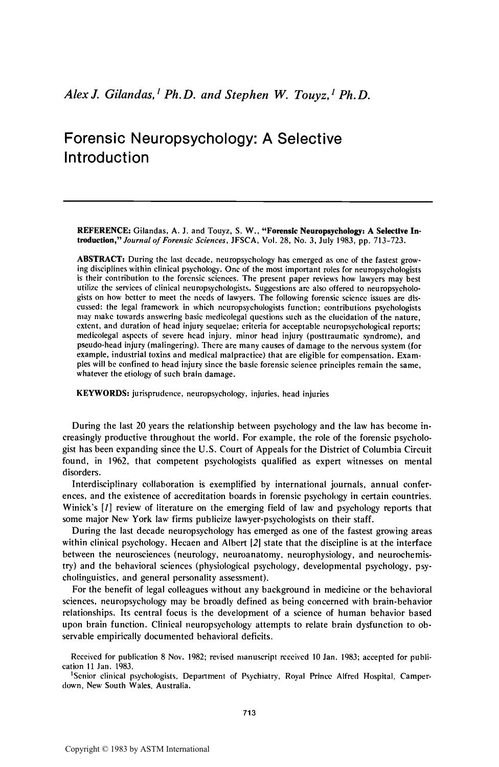 Forensic Neuropsychology: A Selective Introduction by Gilandas AJ Touyz SW