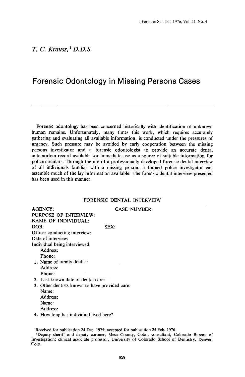 Forensic Odontology in Missing Persons Cases by Krauss TC