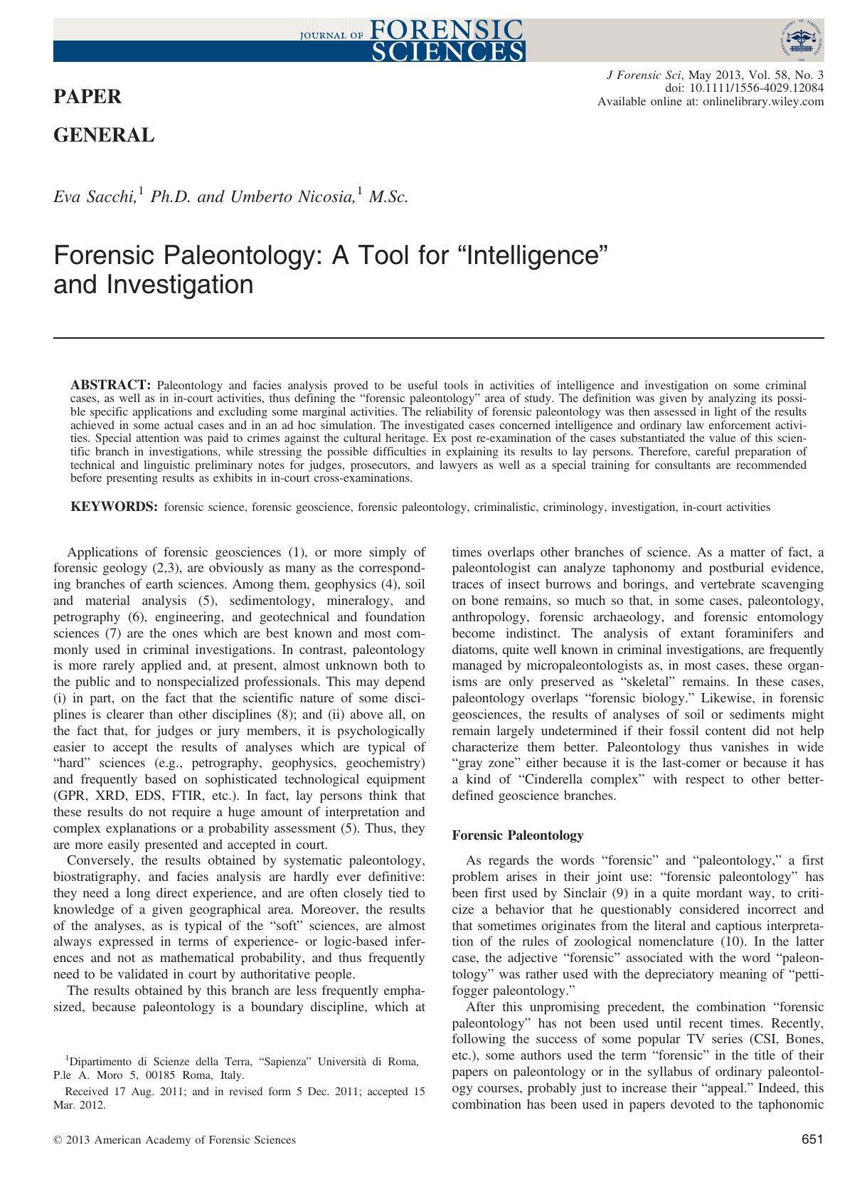 Forensic Paleontology: A Tool for Intelligence and Investigation by Unknown