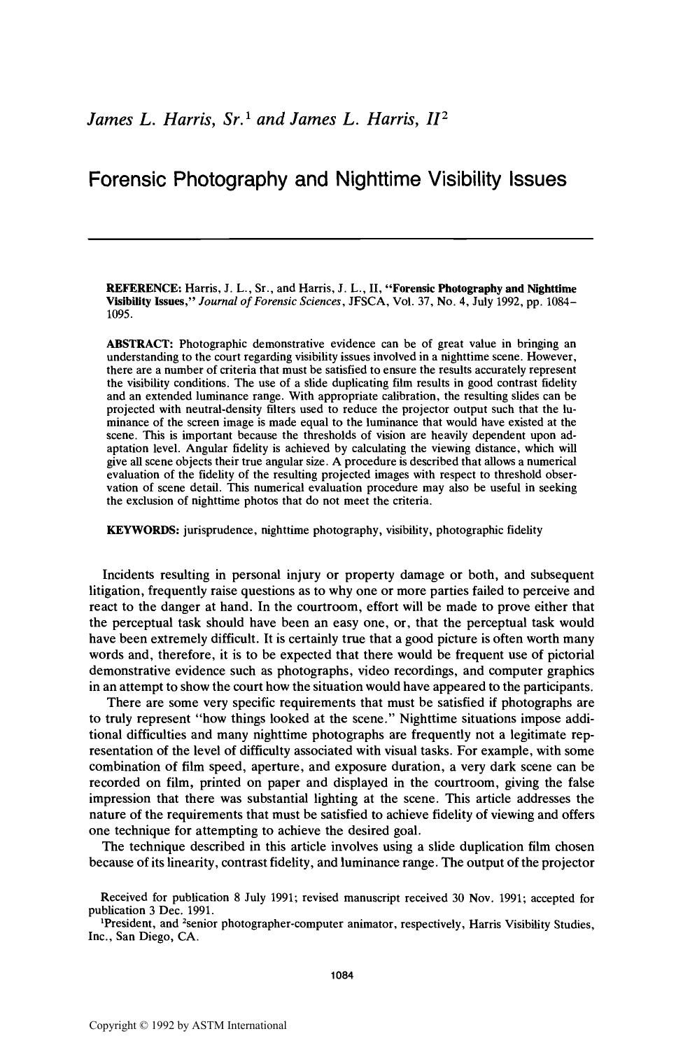 Forensic Photography and Nighttime Visibility Issues by Harris JL Sr Harris JL II