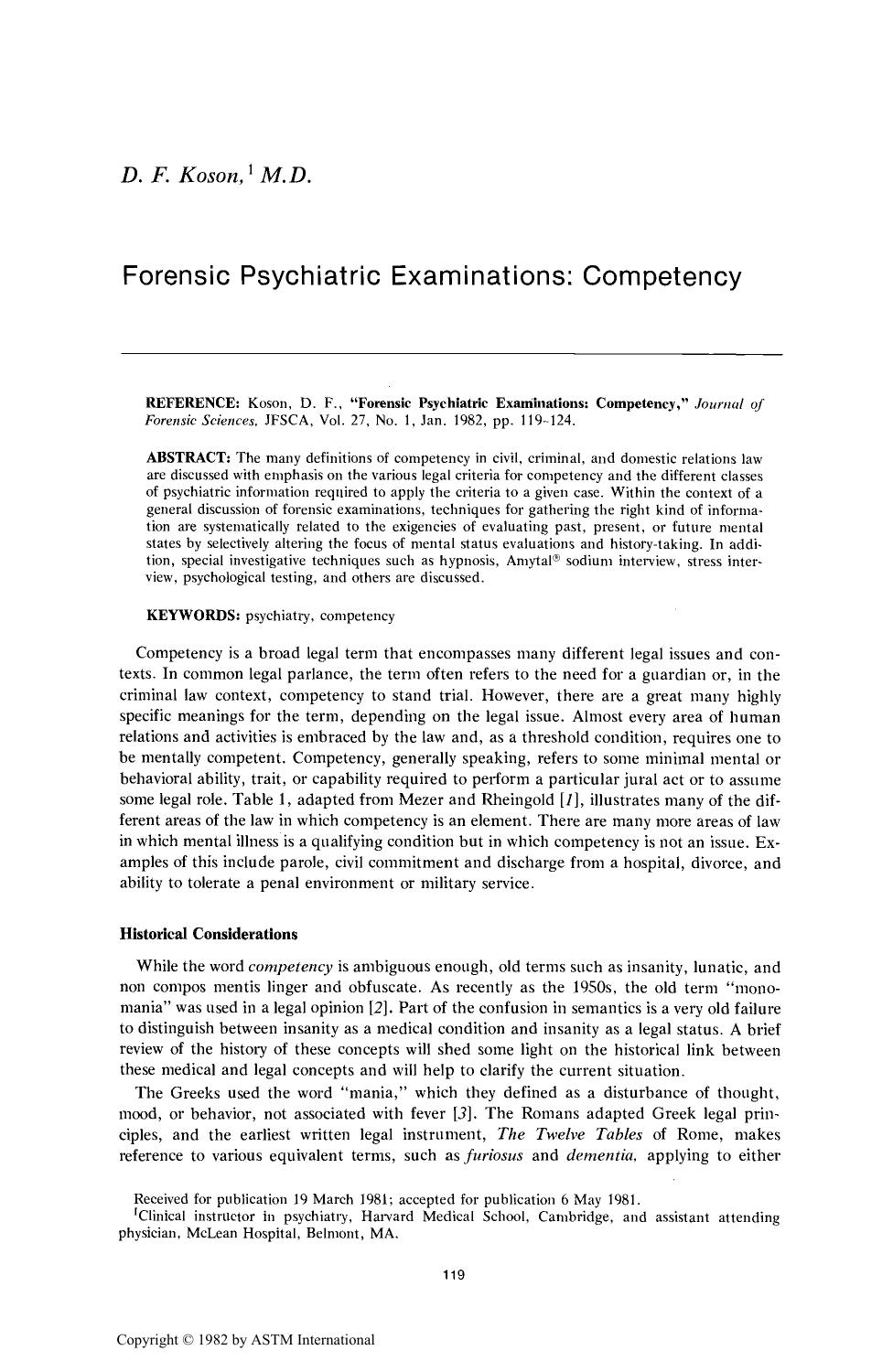 Forensic Psychiatric Examinations: Competency by Koson DF