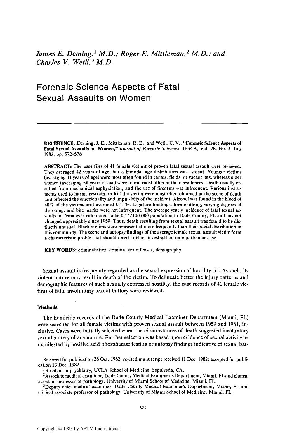 Forensic Science Aspects of Fatal Sexual Assaults on Women by Deming JE Mittleman RE Wetli CV