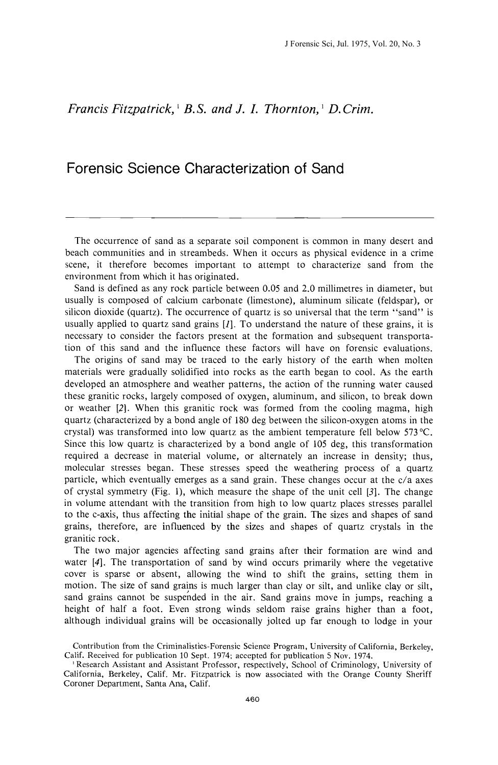 Forensic Science Characterization of Sand by Fitzpatrick F Thornton JI