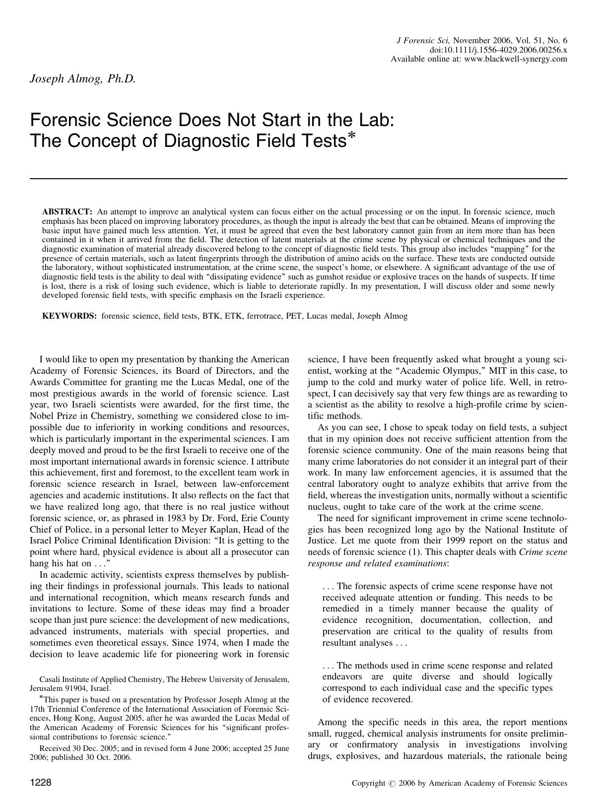 Forensic Science Does Not Start in the Lab: The Concept of Diagnostic Field Tests* by Unknown