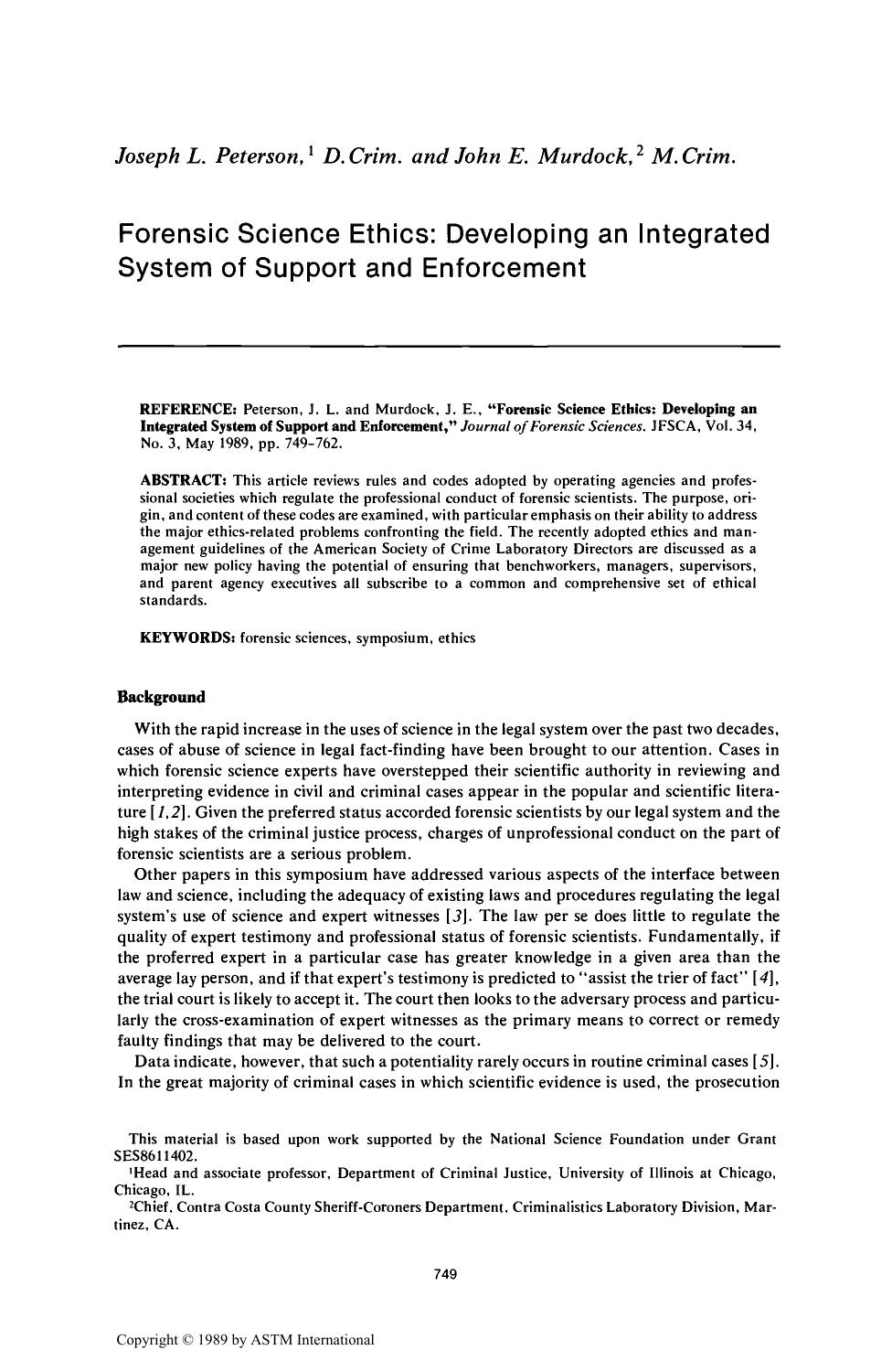 Forensic Science Ethics: Developing an Integrated System of Support and Enforcement by Peterson JL Murdock JE
