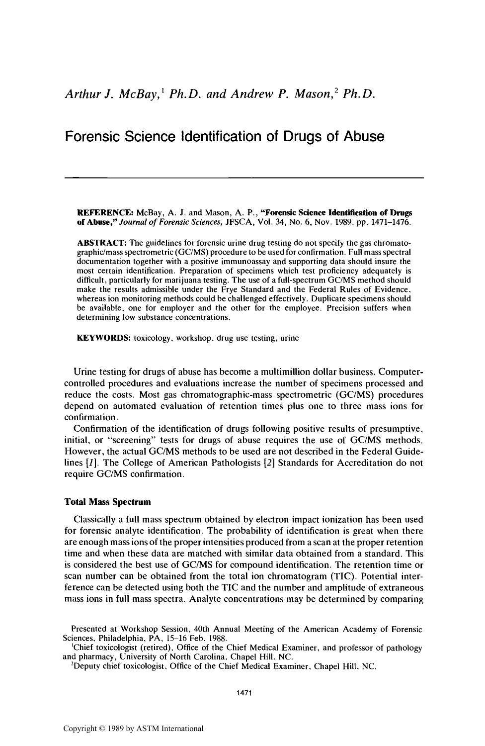 Forensic Science Identification of Drugs of Abuse by McBay AJ Mason AP