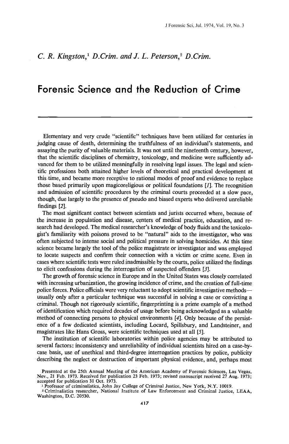Forensic Science and the Reduction of Crime by Kingston CR Peterson JL