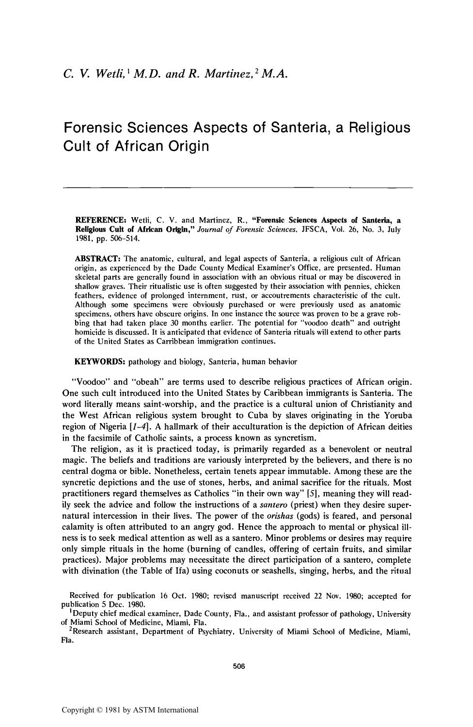 Forensic Sciences Aspects of Santeria, a Religious Cult of African Origin by Wetli CV Martinez R