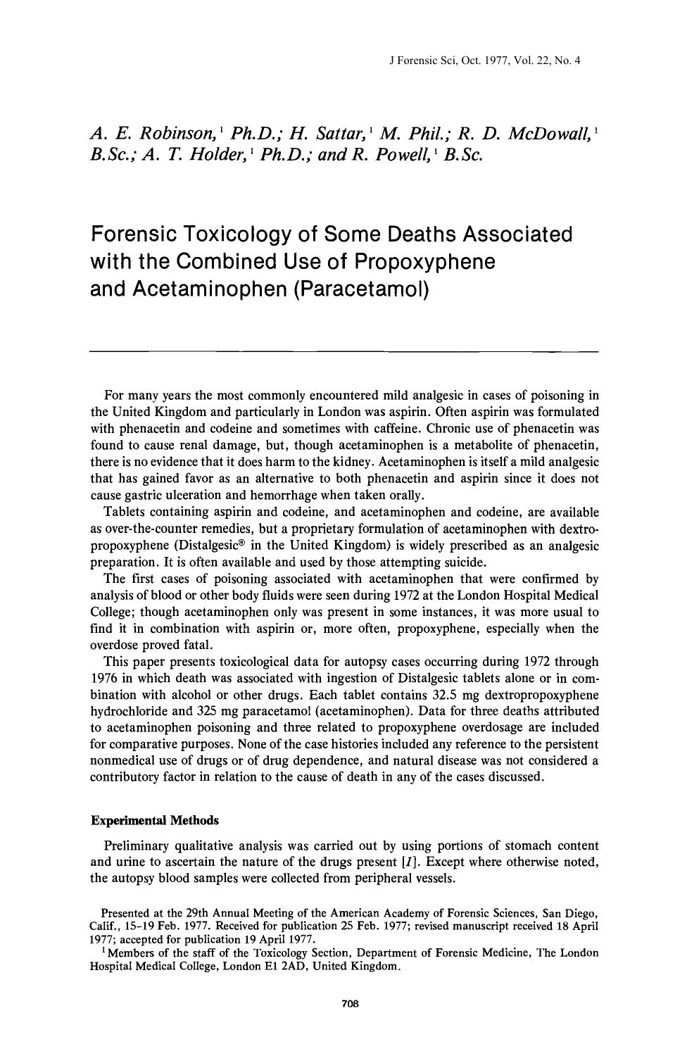 Forensic Toxicology of Some Deaths Associated with the Combined Use of Propoxyphene and Acetaminophen (Paracetamol) by Robinson AE Sattar H McDowall RD Holder AT Powell R