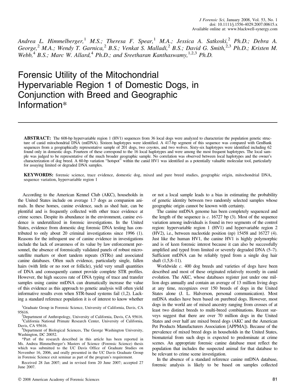 Forensic Utility of the Mitochondrial Hypervariable Region 1 of Domestic Dogs, in Conjunction with Breed and Geographic Information* by Unknown