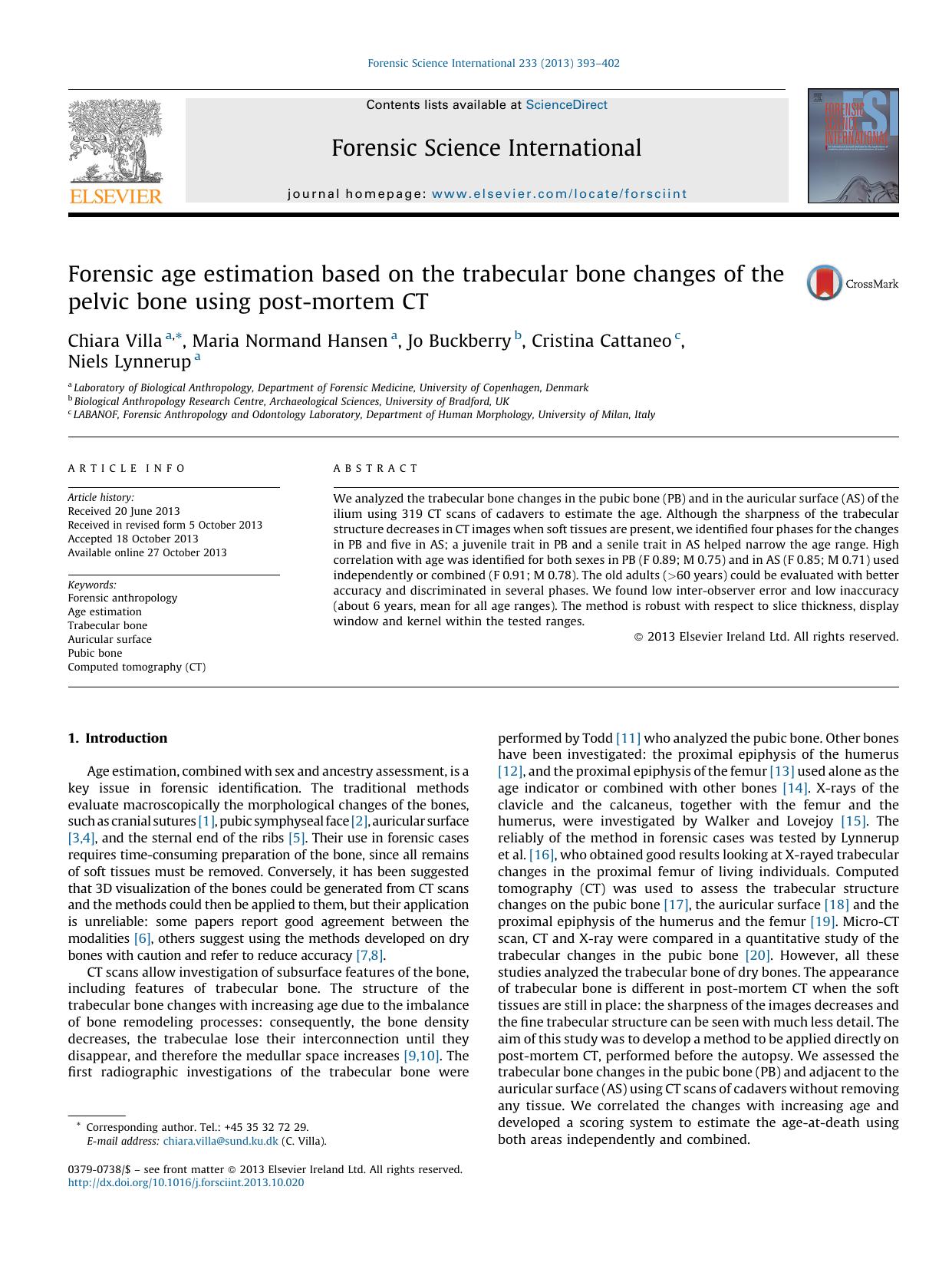 Forensic age estimation based on the trabecular bone changes of the pelvic bone using post-mortem CT by Chiara Villa & Maria Normand Hansen & Jo Buckberry & Cristina Cattaneo & Niels Lynnerup