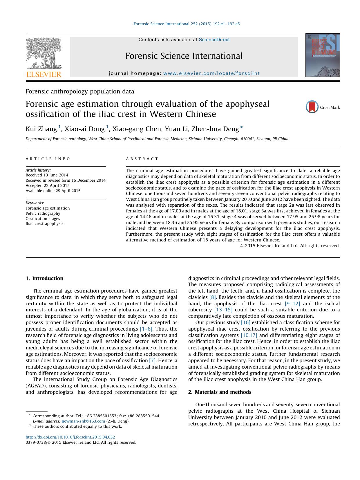 Forensic age estimation through evaluation of the apophyseal ossification of the iliac crest in Western Chinese by Kui Zhang & Xiao-ai Dong & Xiao-gang Chen & Yuan Li & Zhen-hua Deng