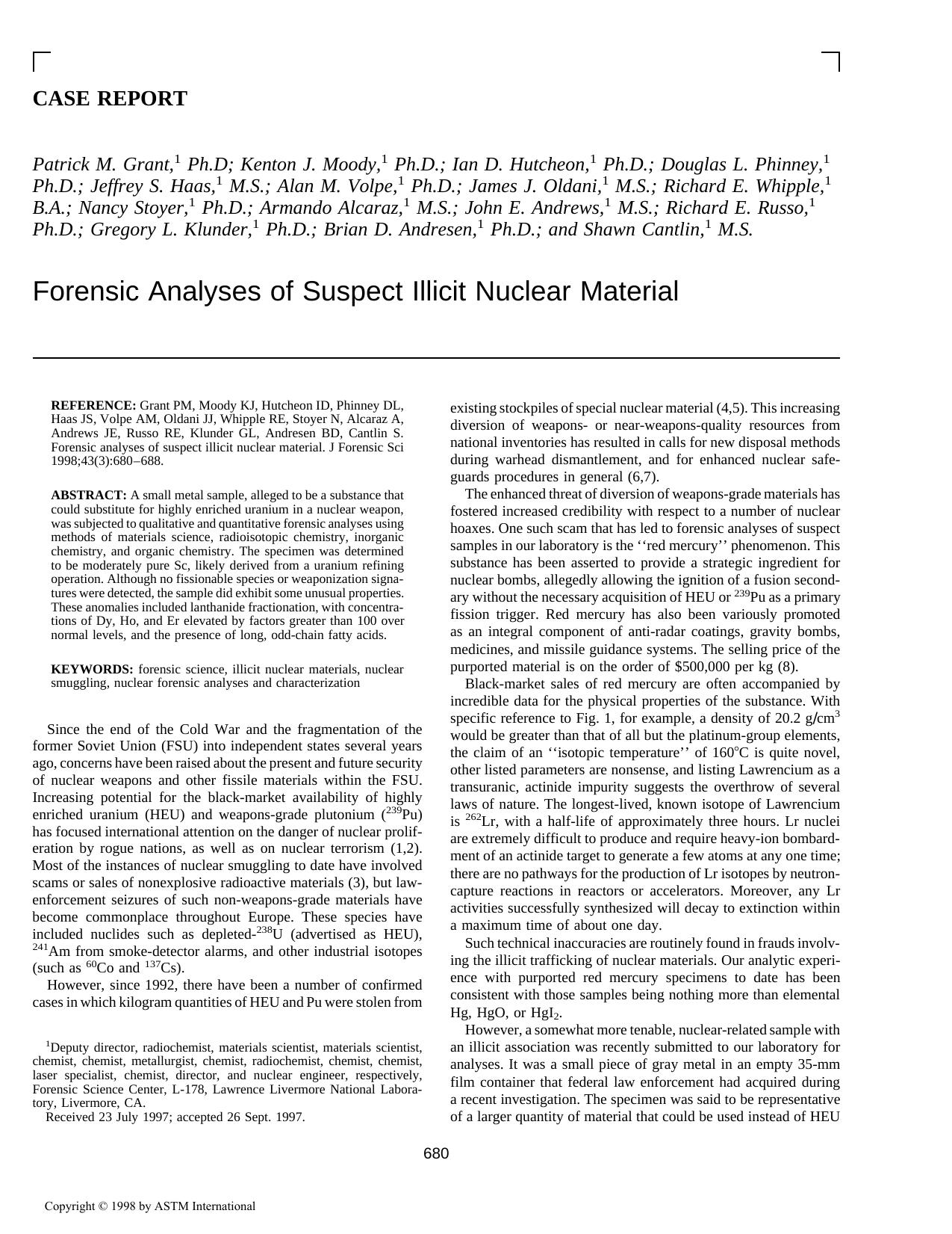 Forensic analyses of suspect illicit nuclear material by unknow