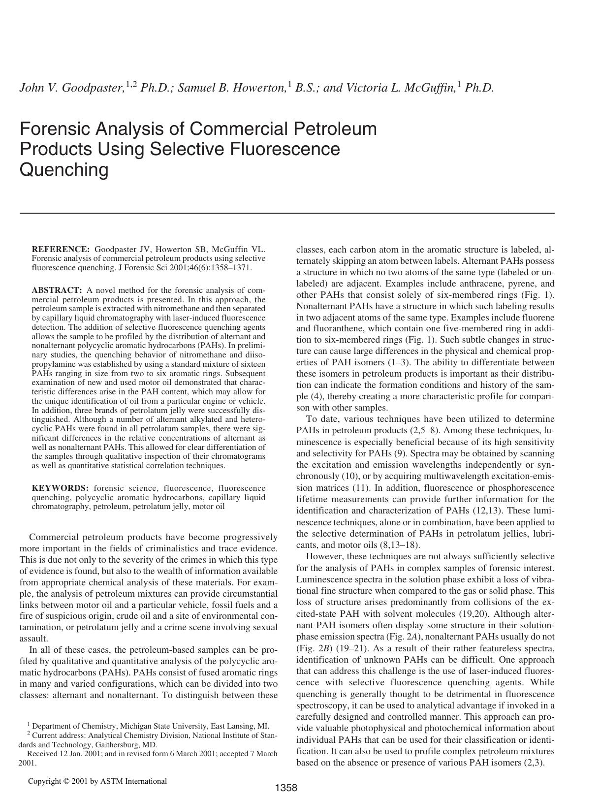 Forensic analysis of commercial petroleum products using selective fluorescence quenching by Goodpaster JV Howerton SB McGuffin VL