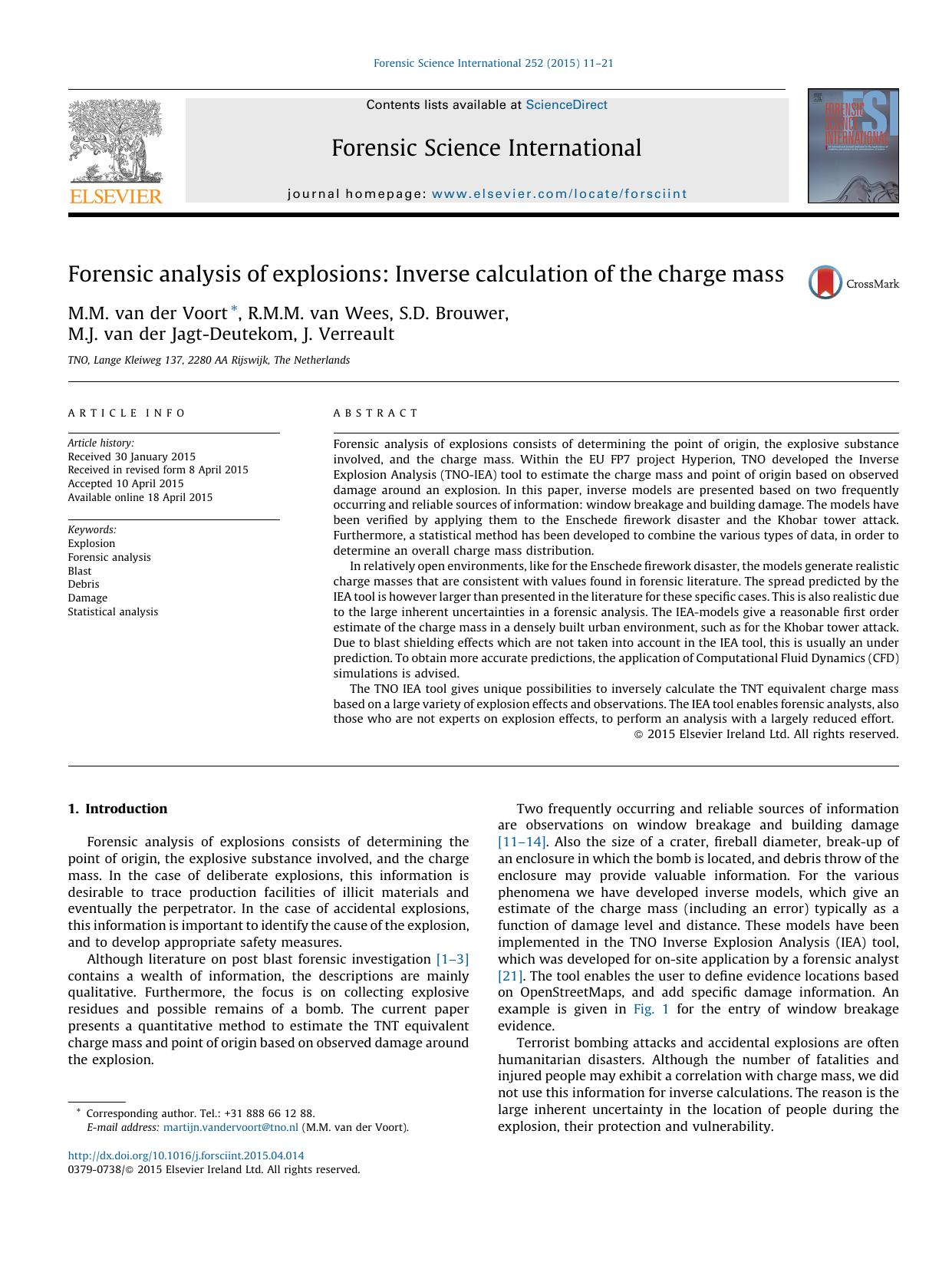 Forensic analysis of explosions: Inverse calculation of the charge mass by M.M. van der Voort & R.M.M. van Wees & S.D. Brouwer & M.J. van der Jagt-Deutekom & J. Verreault