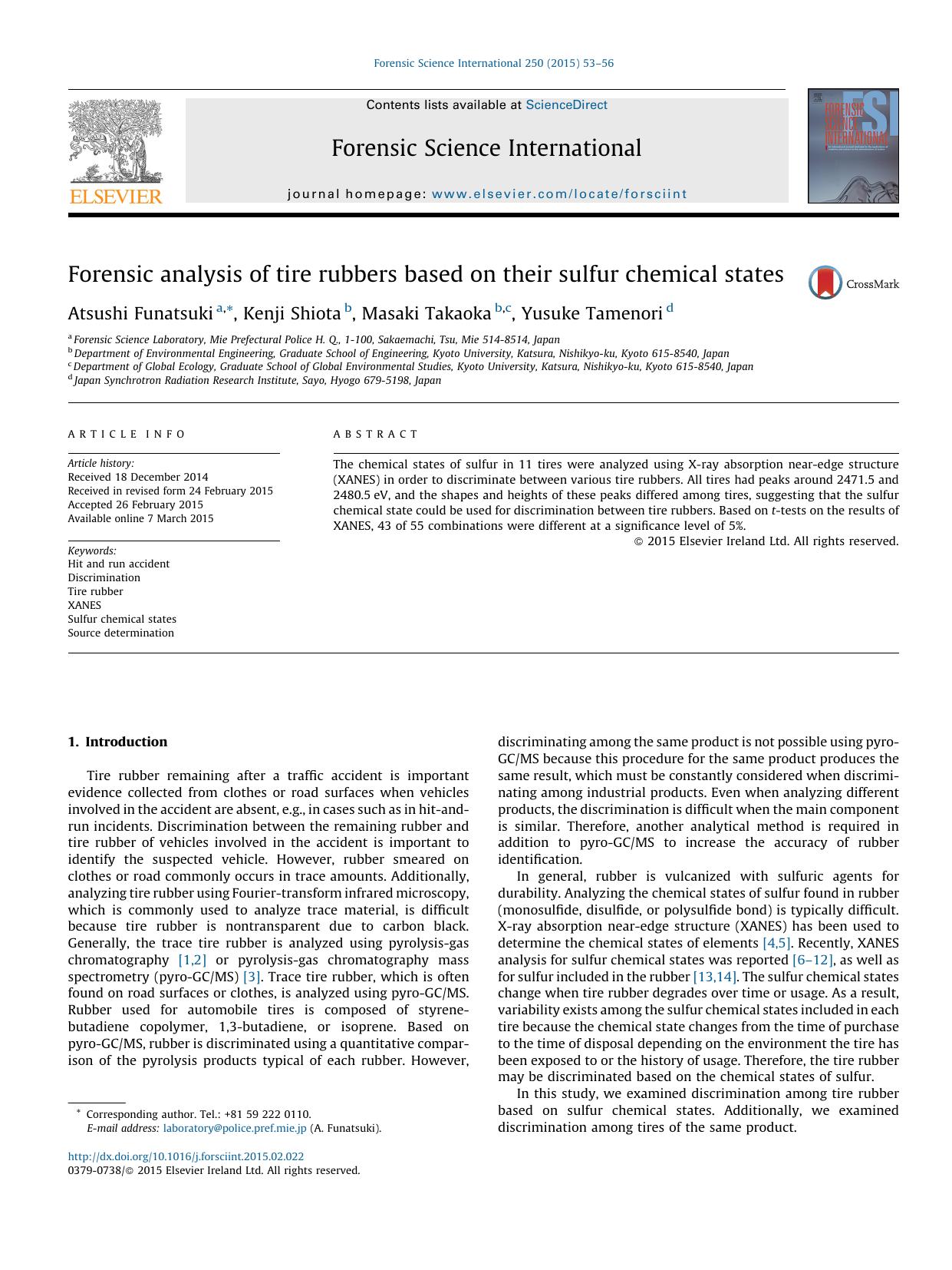Forensic analysis of tire rubbers based on their sulfur chemical states by Atsushi Funatsuki & Kenji Shiota & Masaki Takaoka & Yusuke Tamenori