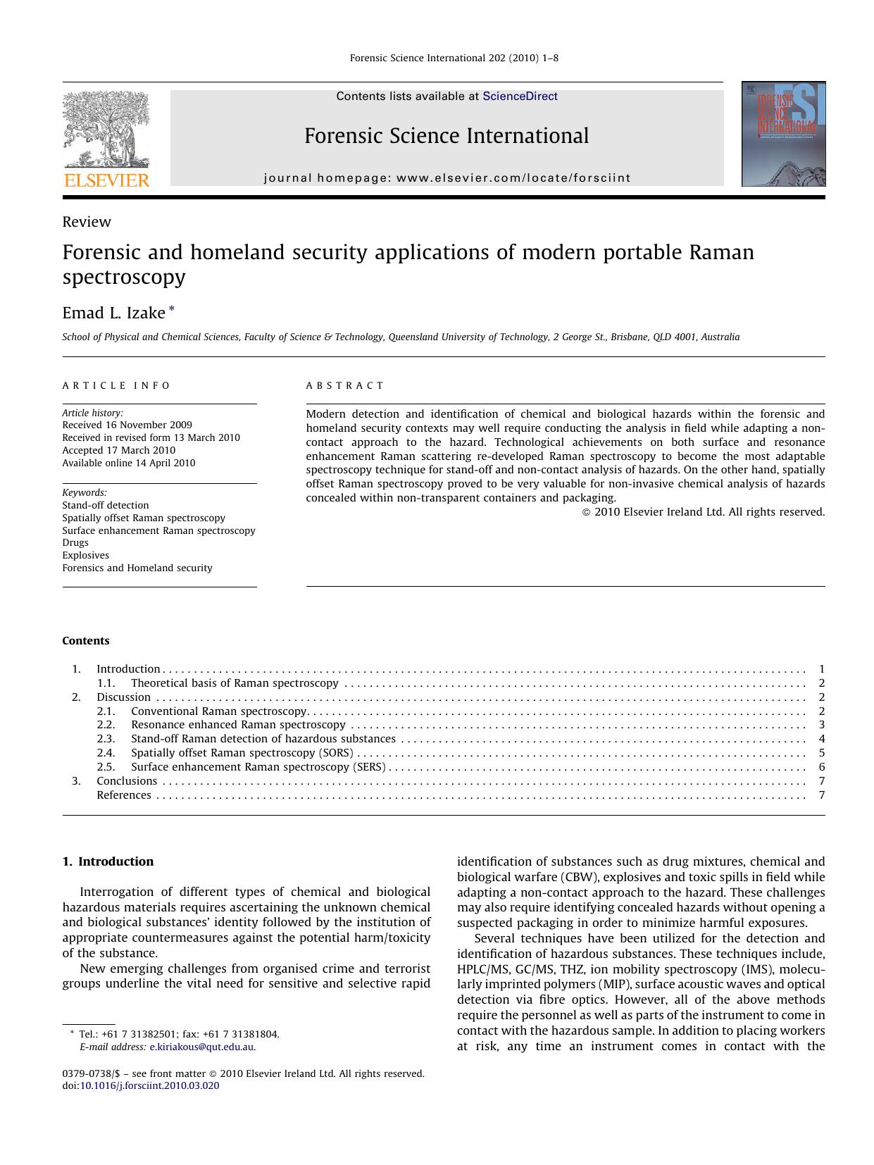 Forensic and homeland security applications of modern portable Raman spectroscopy by Emad L. Izake