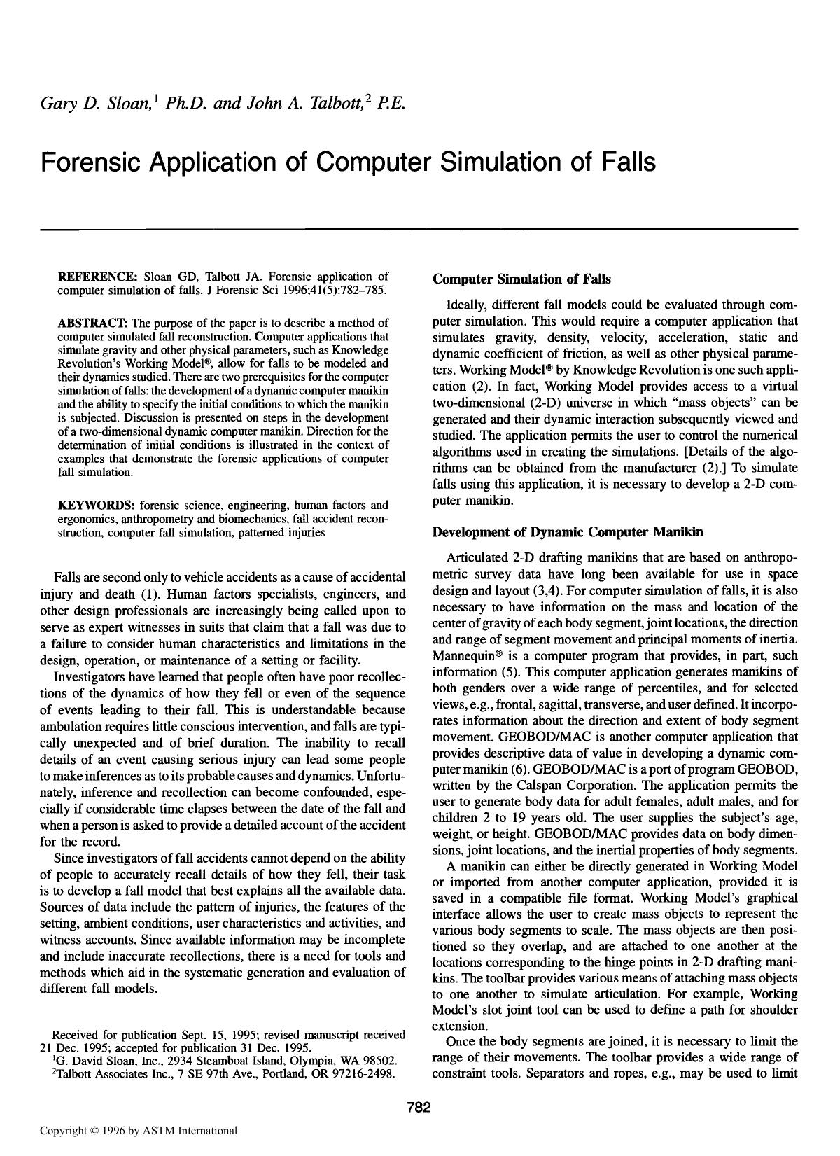 Forensic application of computer simulation of falls by Sloan GD Talbott JA