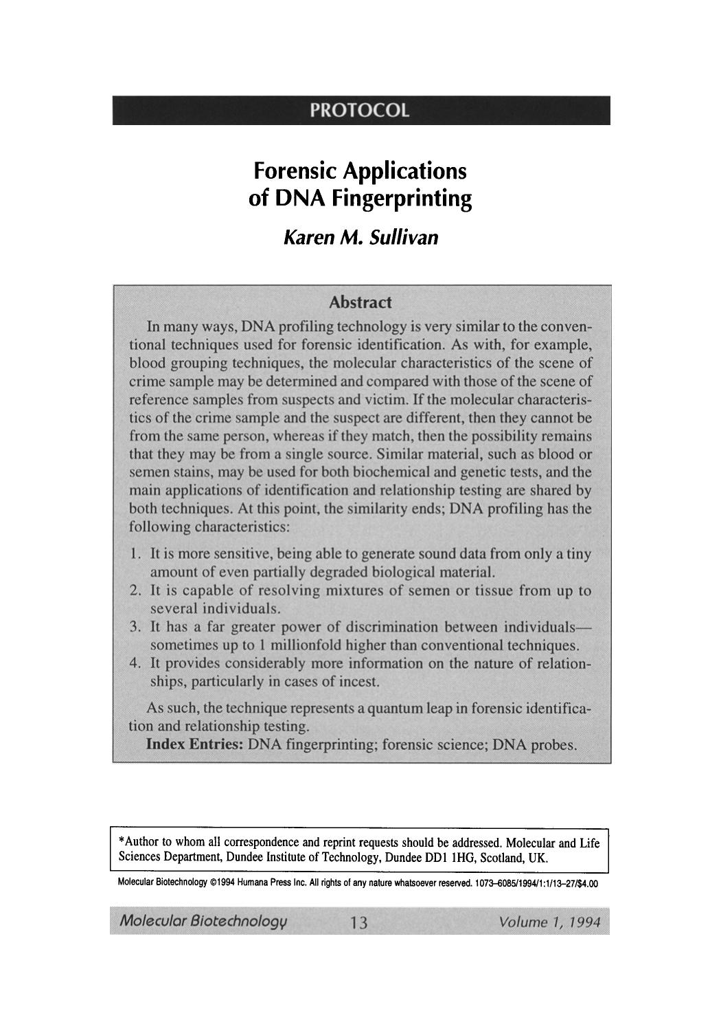 Forensic applications of DNA fingerprinting by Unknown