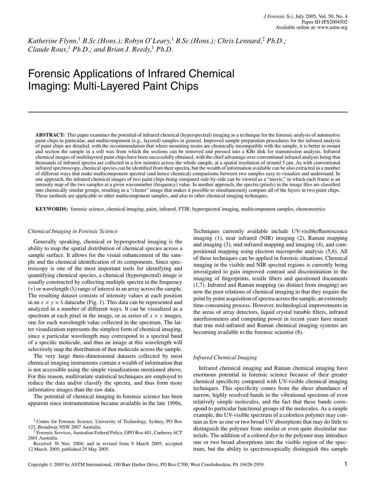 Forensic applications of infrared chemical imaging: Multi-layered paint chips by Flynn K O'Leary R Lennard C Roux C Reedy BJ