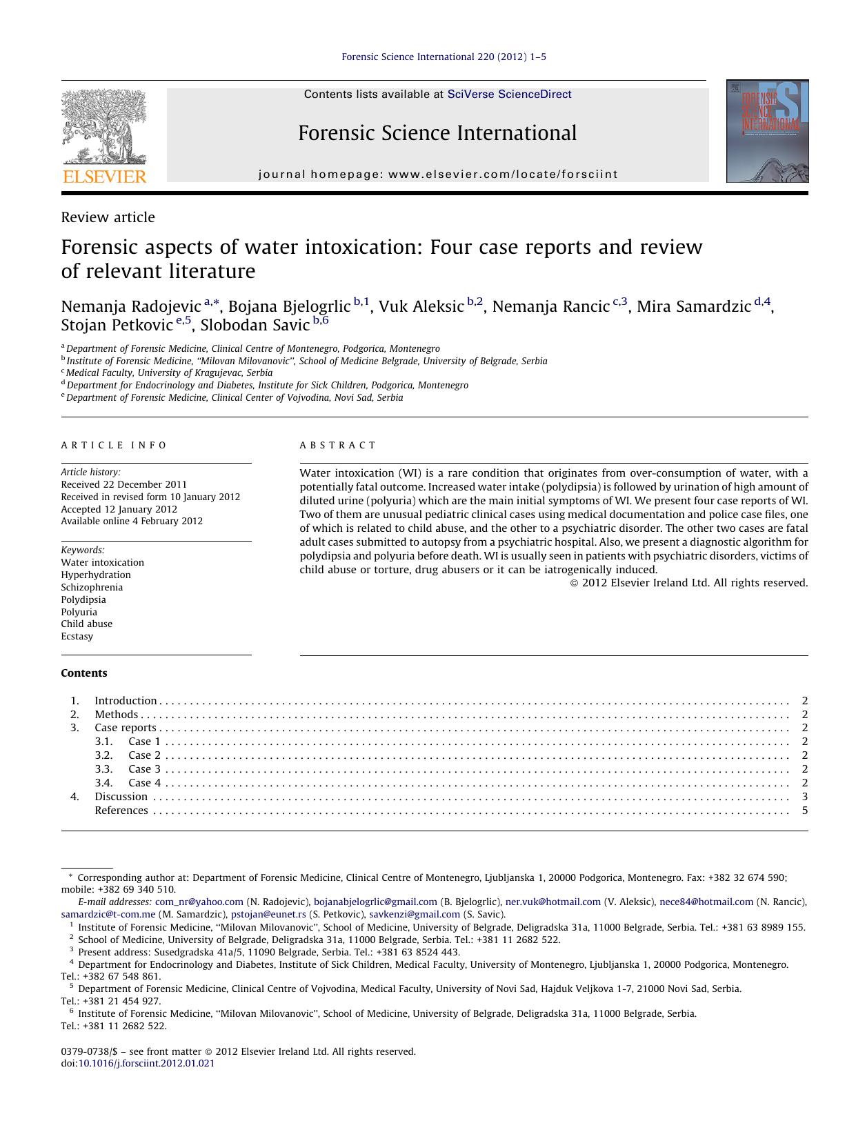 Forensic aspects of water intoxication: Four case reports and review of relevant literature by Nemanja Radojevic