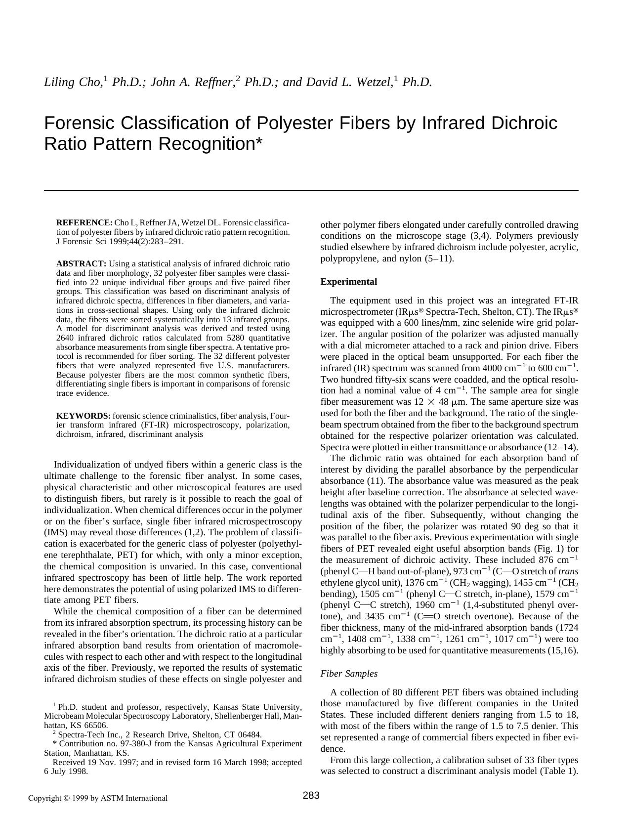 Forensic classification of polyester fibers by infrared dichroic ratio pattern recognition by Cho LL Reffner JA Wetzel DL