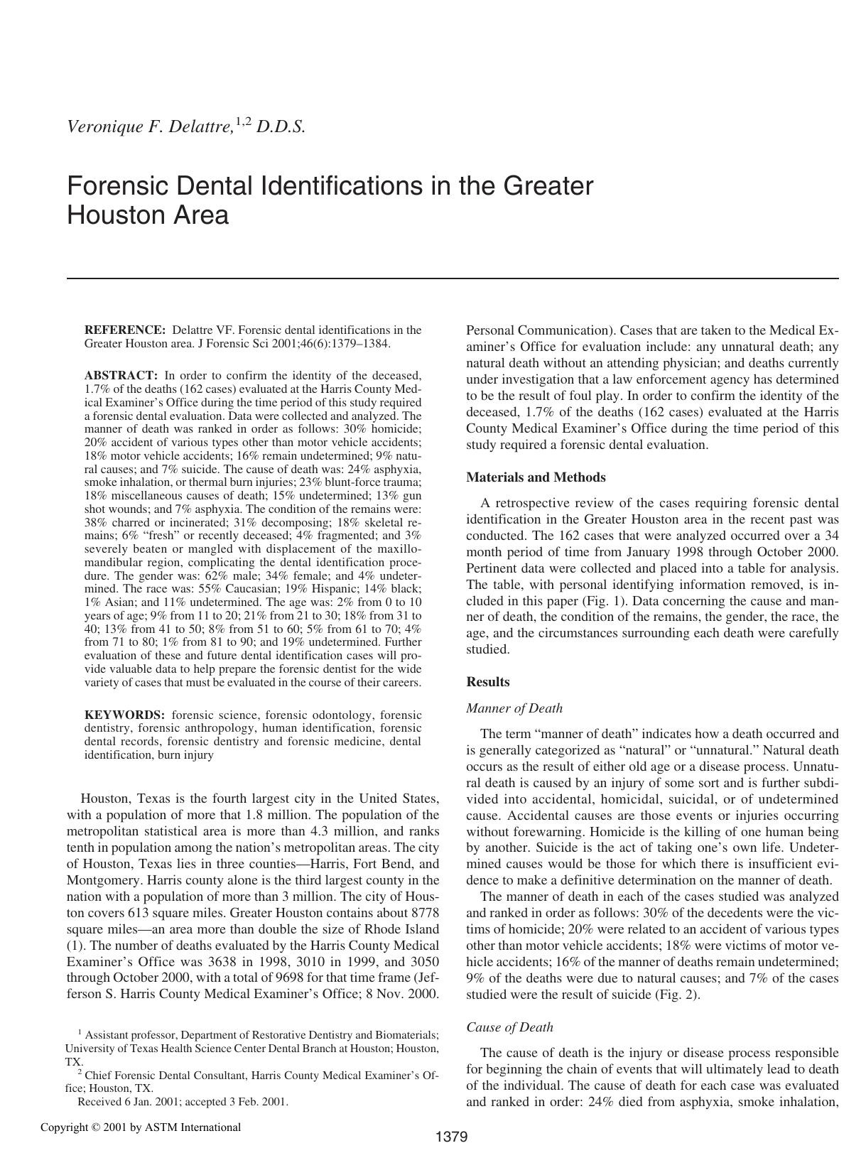 Forensic dental identification in the Greater Houston Area by Delattre VF