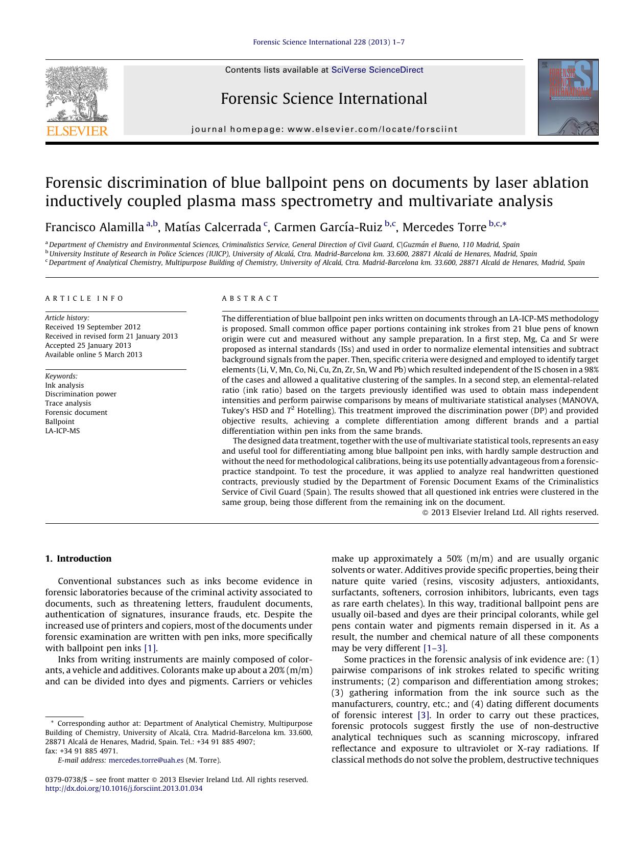 Forensic discrimination of blue ballpoint pens on documents by laser ablation inductively coupled plasma mass spectrometry and multivariate analysis by Francisco Alamilla
