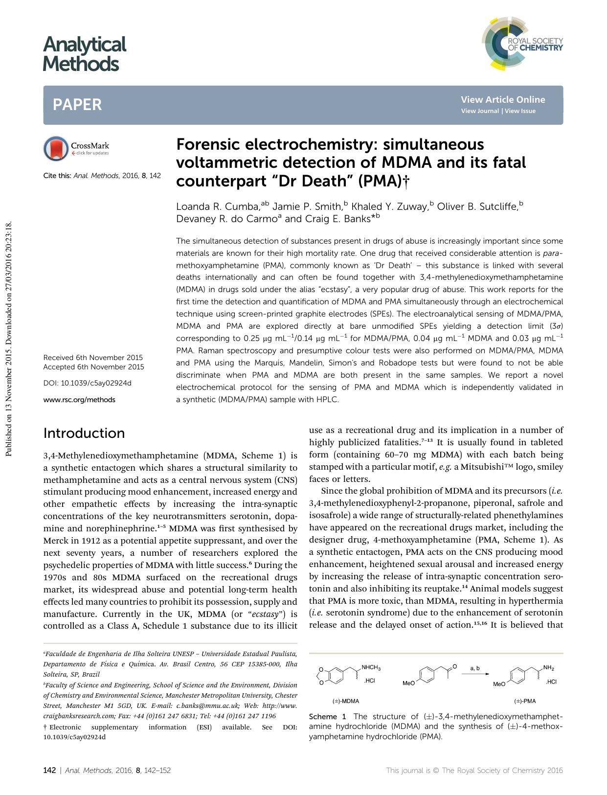 Forensic electrochemistry: simultaneous voltammetric detection of MDMA and its fatal counterpart âDr Deathâ (PMA) by unknow
