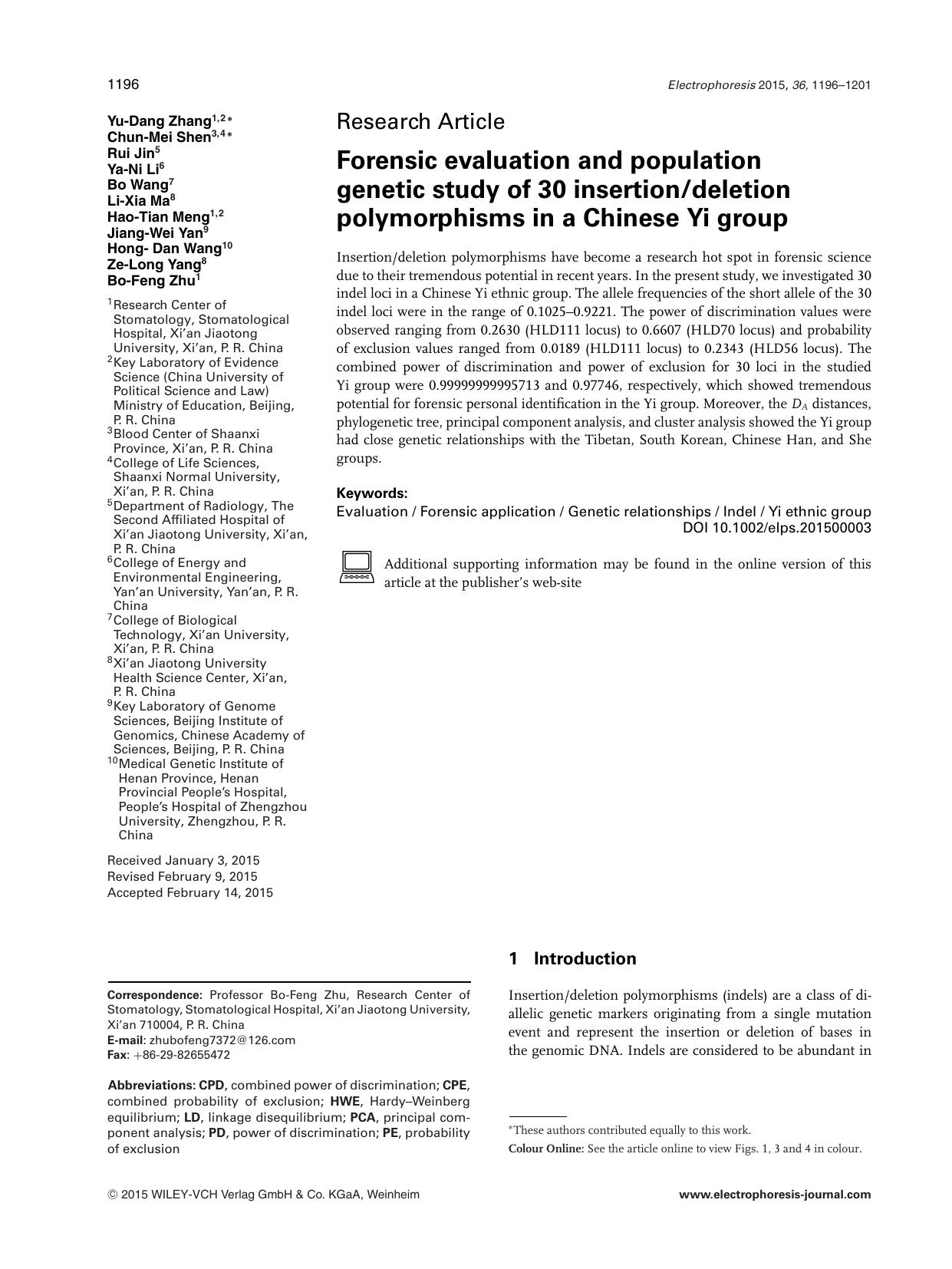 Forensic evaluation and population genetic study of 30 insertion/deletion polymorphisms in a Chinese Yi group by Unknown