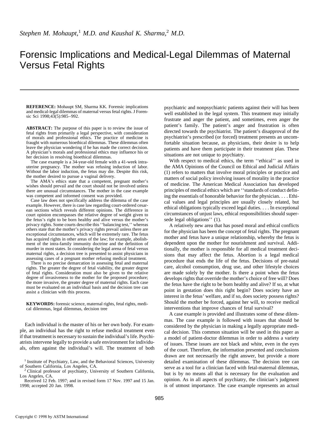 Forensic implications and medical-legal dilemmas of maternal versus fetal rights by Mohaupt SM Sharma KK