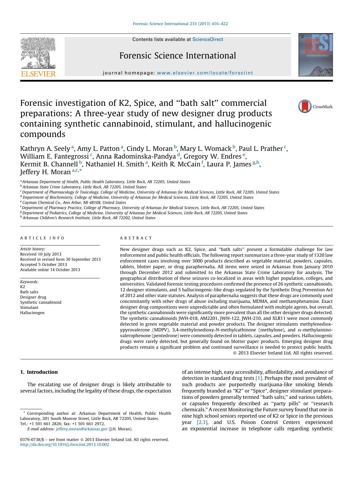 Forensic investigation of K2, Spice, and âbath saltâ commercial preparations: A three-year study of new designer drug products containing synthetic cannabinoid, stimulant, and by unknow