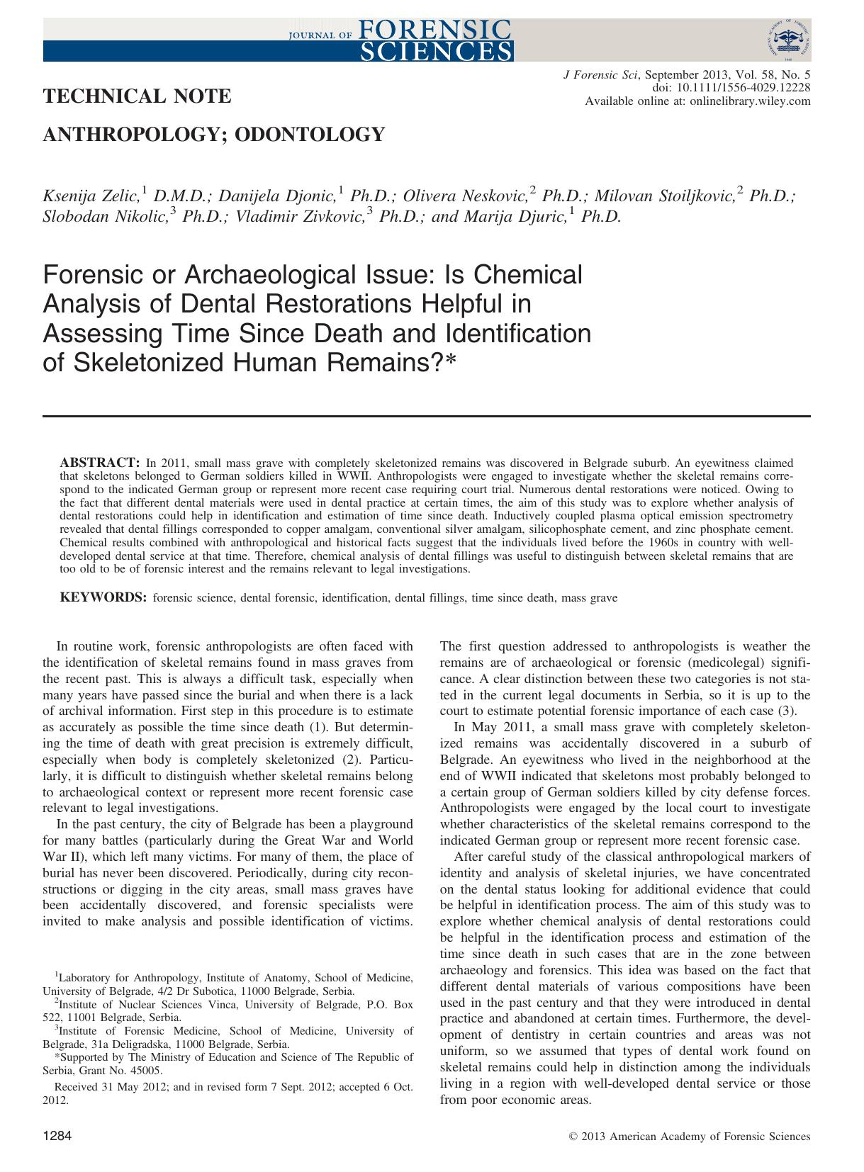 Forensic or Archaeological Issue: Is Chemical Analysis of Dental Restorations Helpful in Assessing Time Since Death and Identification of Skeletonized Human Remains? by Unknown