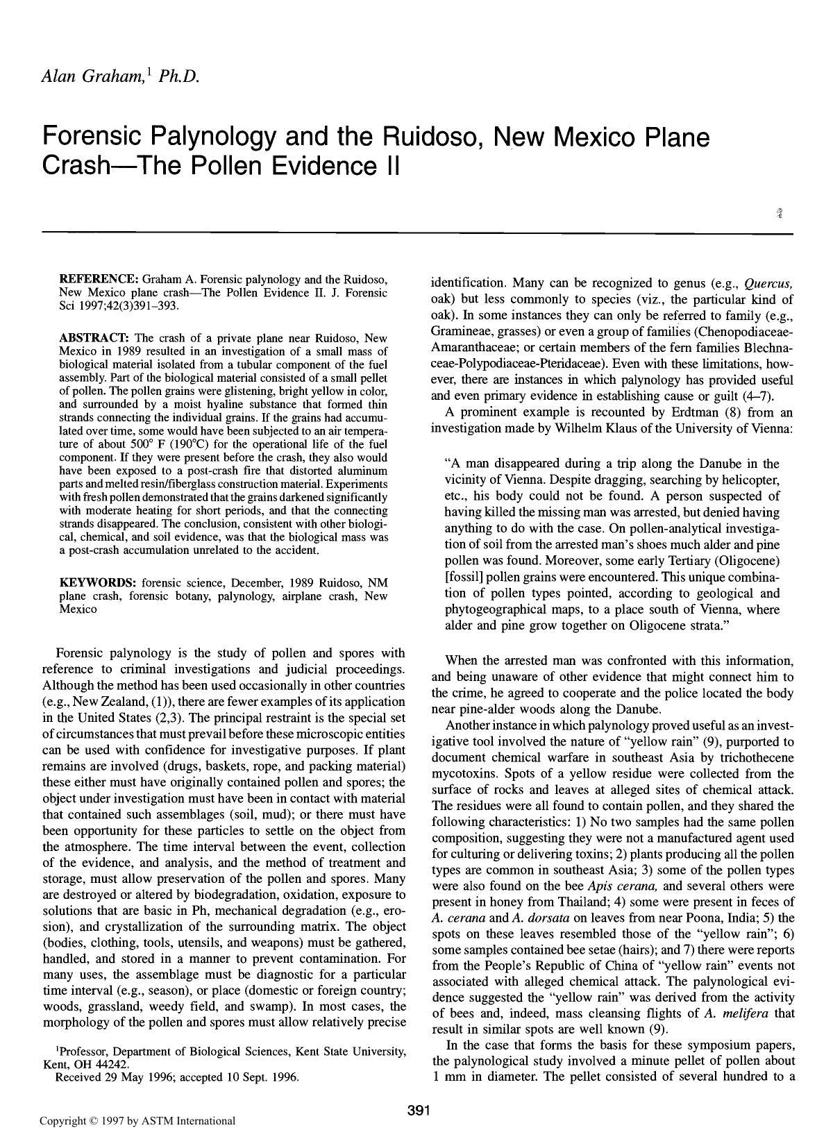 Forensic palynology and the Ruidoso, New Mexico plane crashŁThe Pollen Evidence II by Graham A
