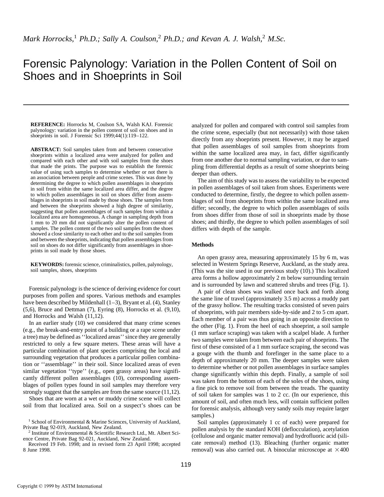 Forensic palynology: variation in the pollen content of soil on shoes and in shoeprints in soil by Horrocks M Coulson SA Walsh KAJ