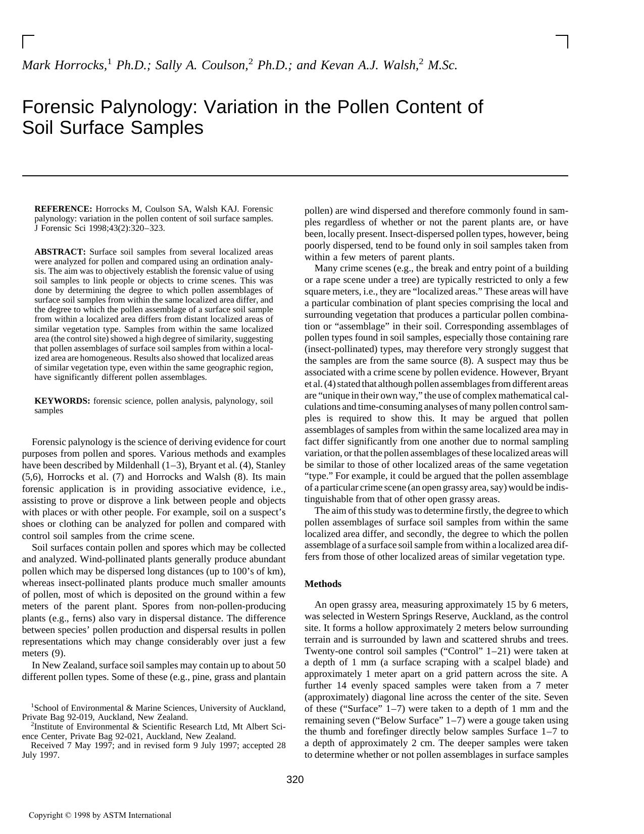 Forensic palynology: variation in the pollen content of soil surface samples by Horrocks M Coulson SA Walsh KAJ