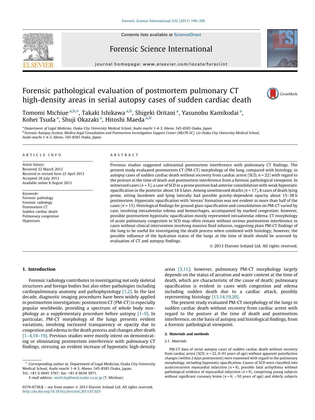 Forensic pathological evaluation of postmortem pulmonary CT high-density areas in serial autopsy cases of sudden cardiac death by unknow