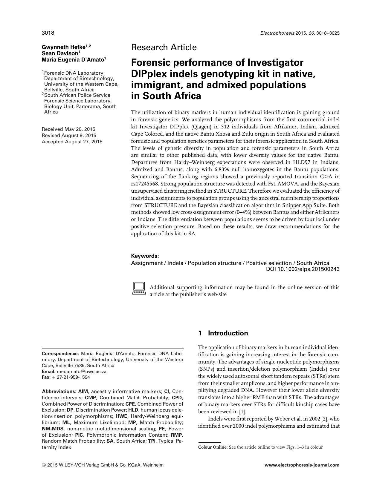Forensic performance of Investigator DIPplex indels genotyping kit in native, immigrant, and admixed populations in South Africa by Unknown