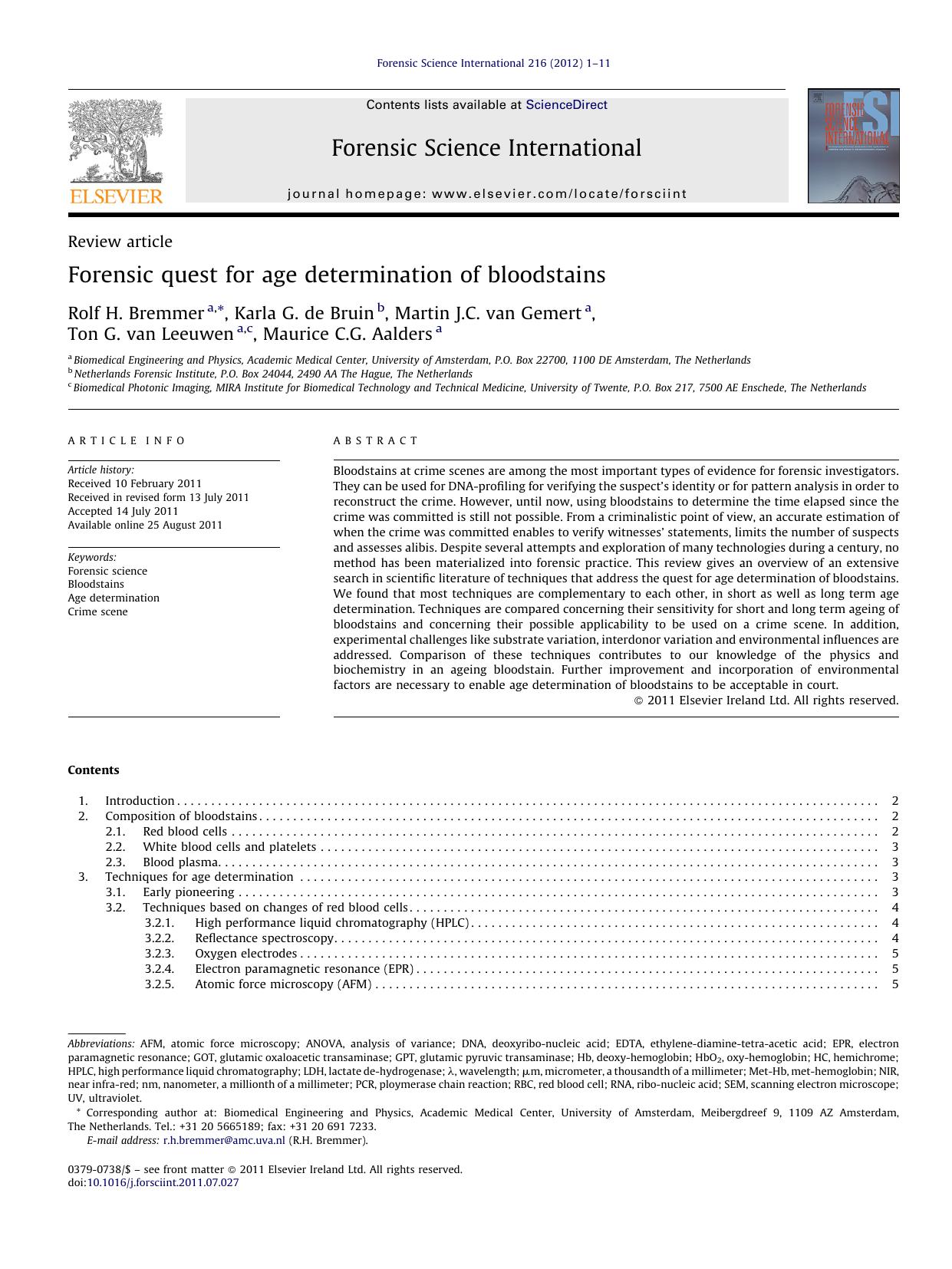 Forensic quest for age determination of bloodstains by Rolf H. Bremmer