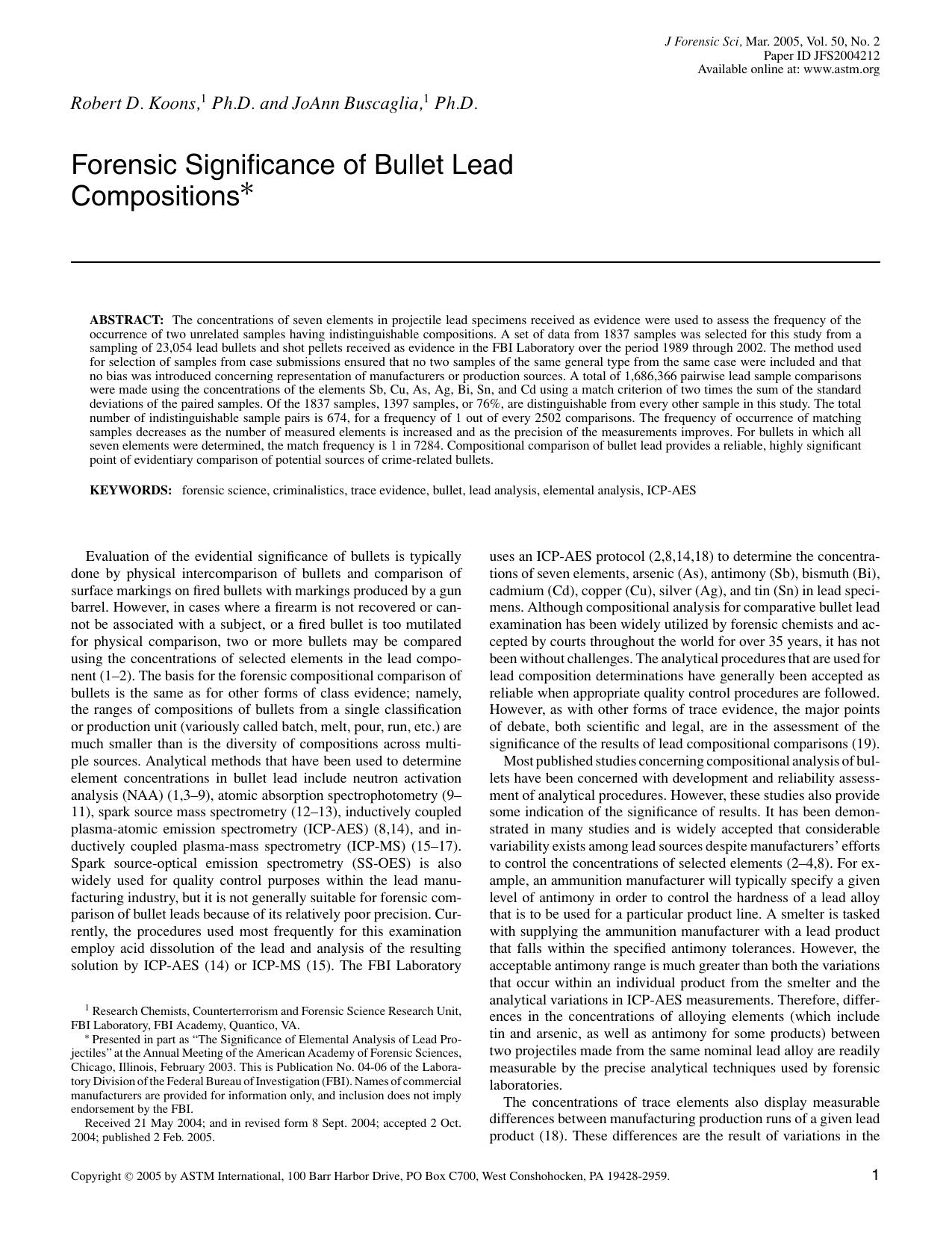 Forensic significance of bullet lead compositions by Koons RD Buscaglia J
