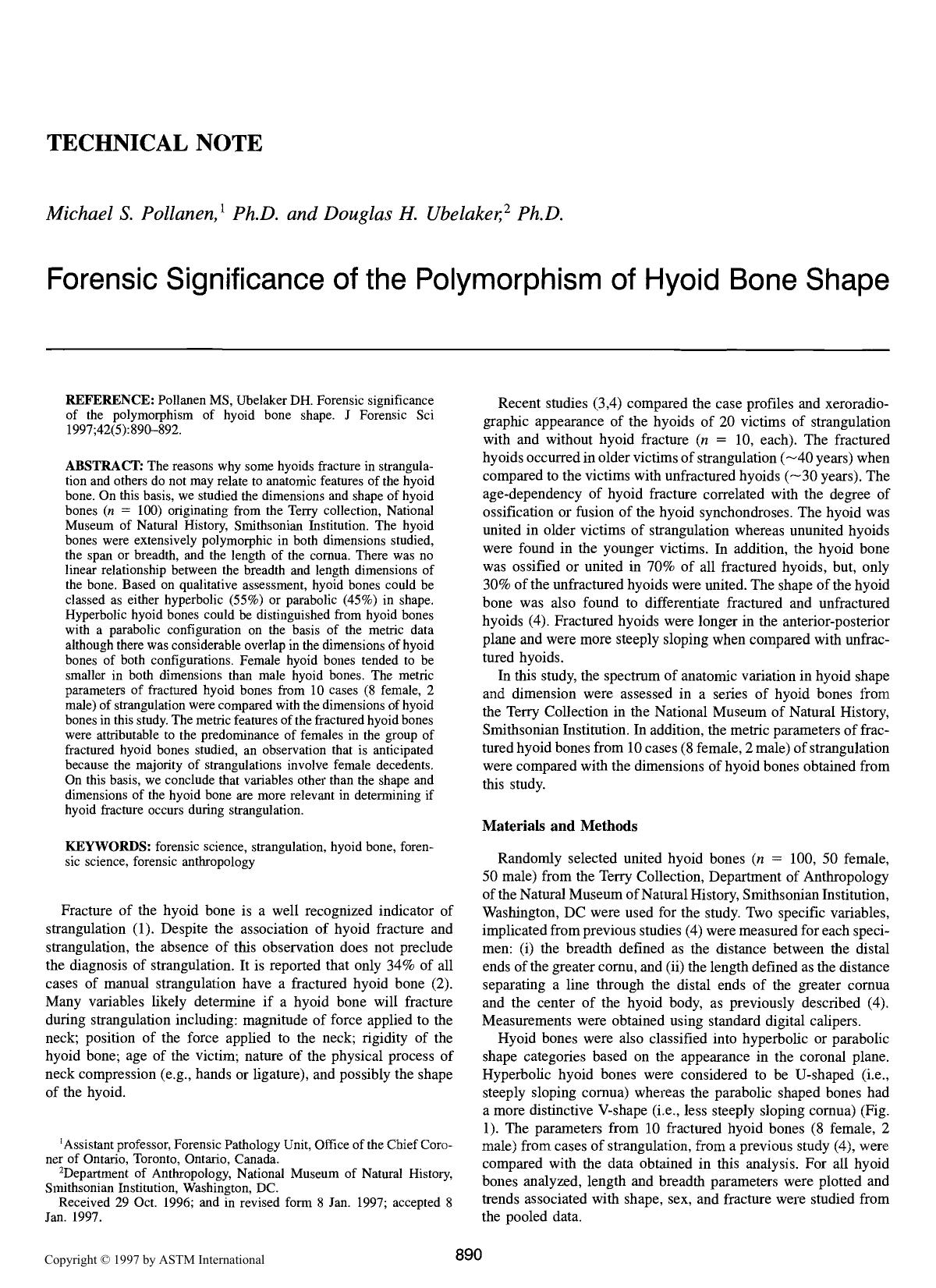 Forensic significance of the polymorphism of hyoid bone shape by Pollanen MS Ubelaker DH
