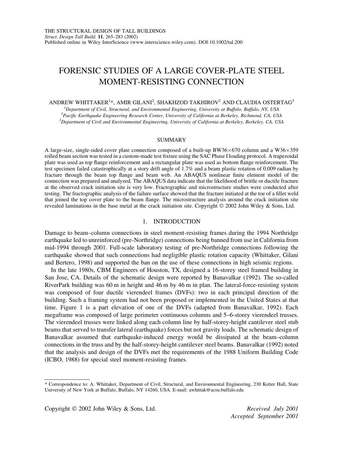 Forensic studies of a large cover-plate steel moment-resisting connection by Unknown