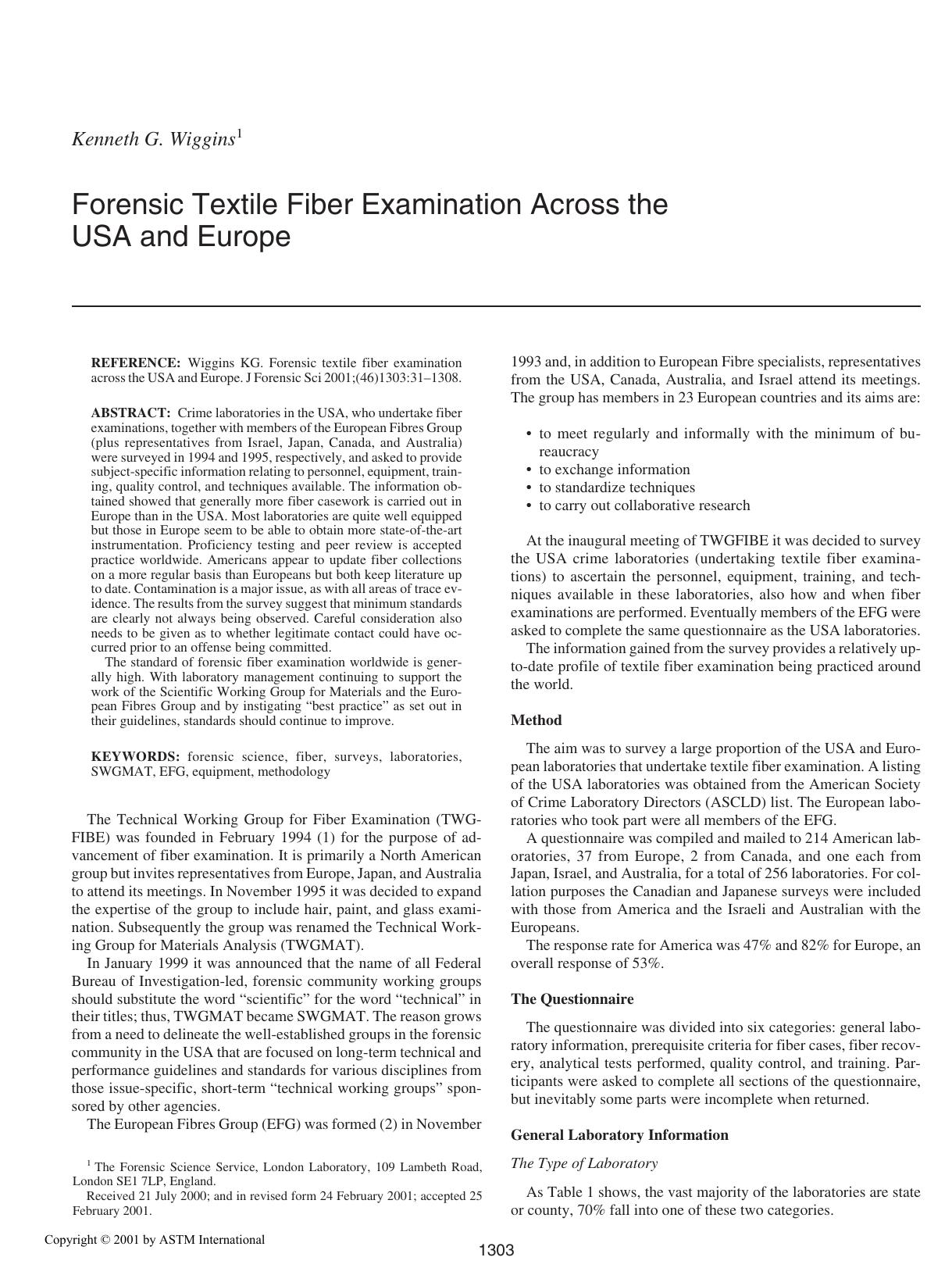 Forensic textile fiber examination across the USA and Europe by Wiggins KG
