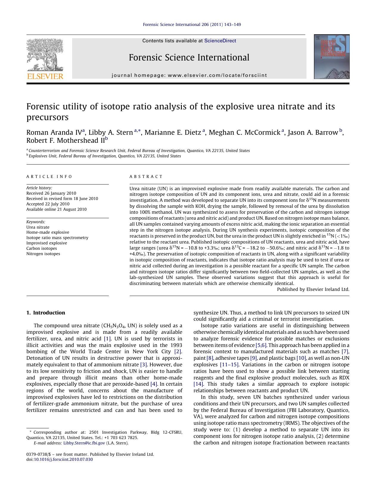Forensic utility of isotope ratio analysis of the explosive urea nitrate and its precursors by Roman Aranda IV