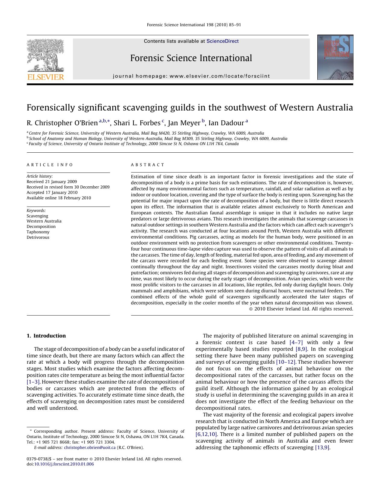 Forensically significant scavenging guilds in the southwest of Western Australia by R. Christopher Oâ€™Brien; Shari L. Forbes; Jan Meyer; Ian Dadour
